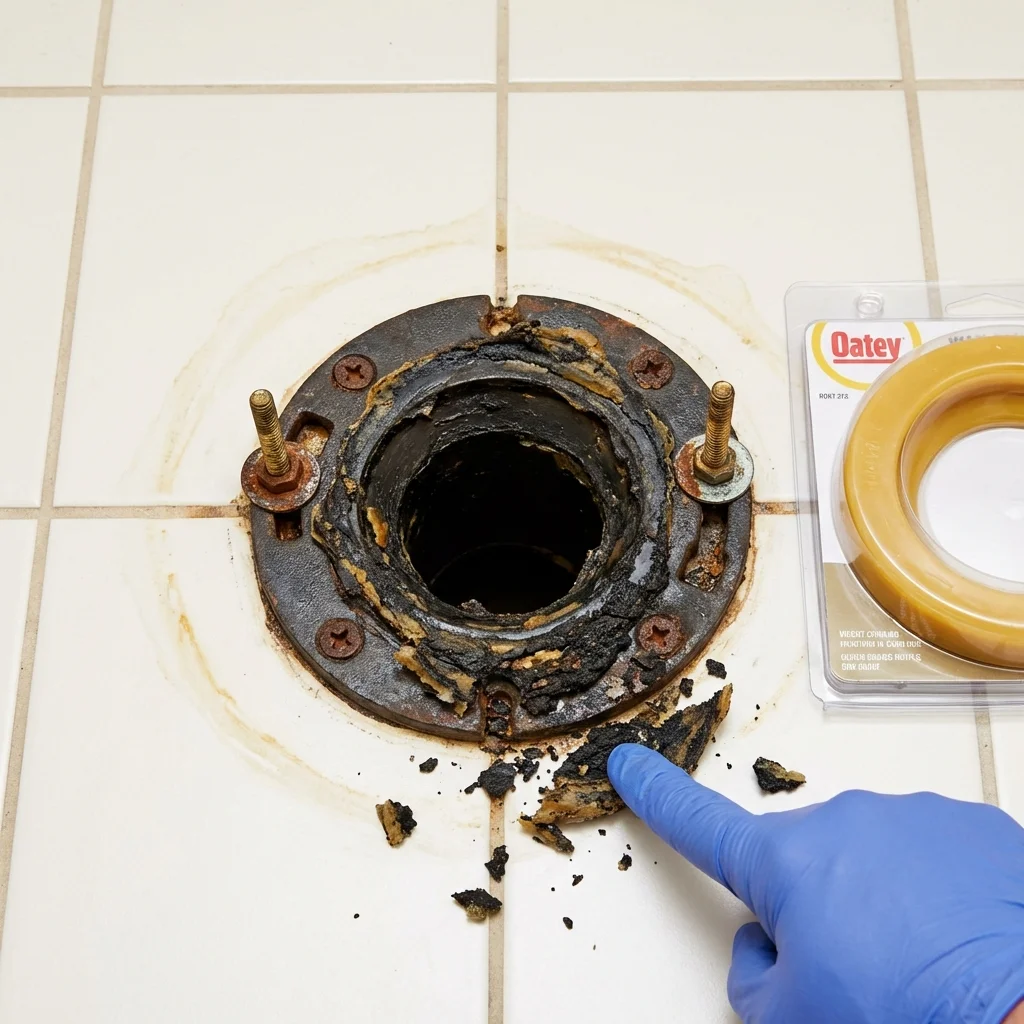 Failed wax ring showing water seepage at the base of a toilet in a Texarkana, AR home
